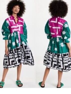 BUSAYO Tiered Colorblock Casual Dress in Green, Pink & Black